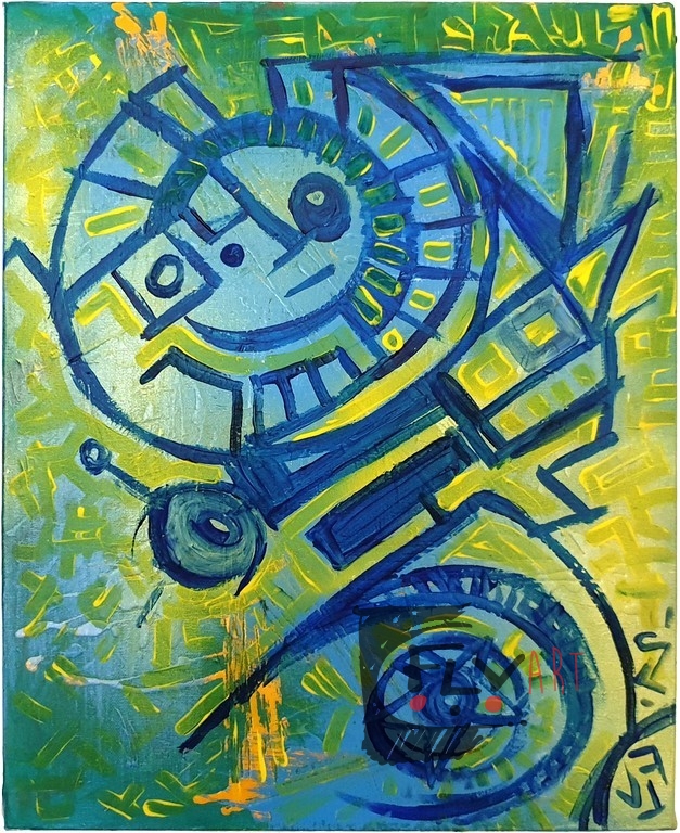 Vibro verde giallo e blu - tecnica mista su tela